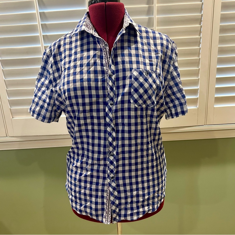 Bright Navy Checkered Equestrian Button Down Shir… - image 3